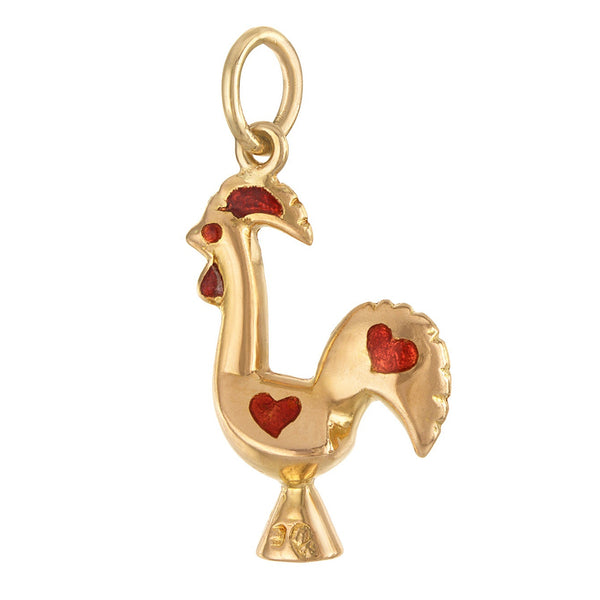 Vintage Enamel Love Rooster 18k Gold Charm