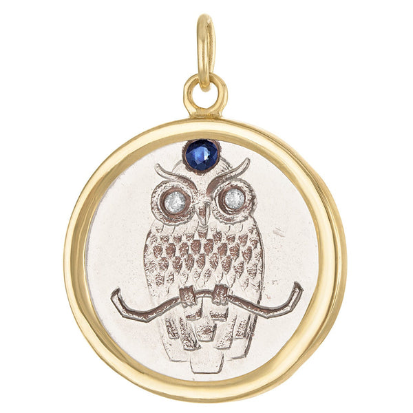 Vintage Owl Coin with Sapphire 14k Gold Charm
