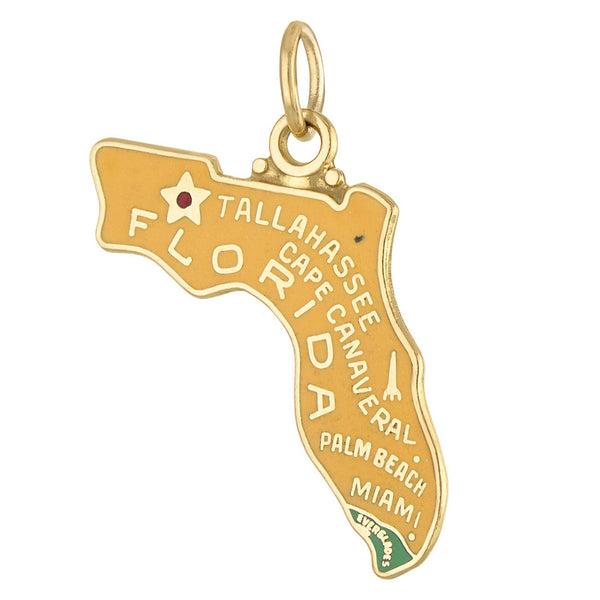 Vintage Enamel Map of Florida 14k Gold Charm