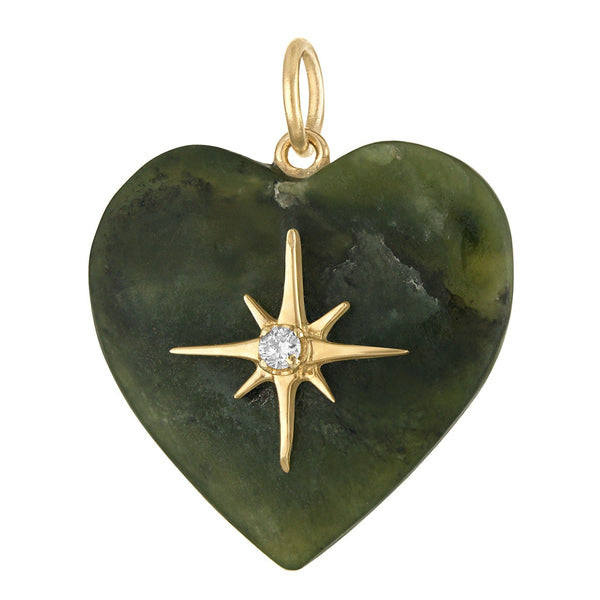 Vintage Green Agate Starburst Heart 14k Gold Charm