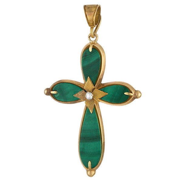 Vintage Malachite Cross 14k Gold Charm
