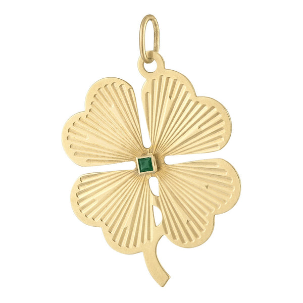 Vintage Emerald Engine Turned Clover 14k Gold Charm