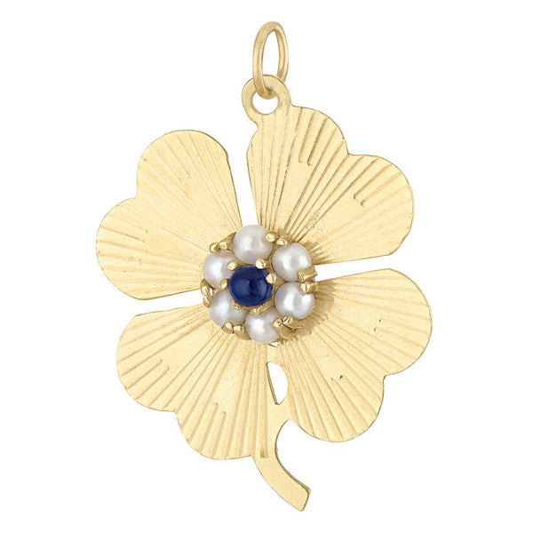 Vintage Sapphire & Pearl Engine Turned Clover 14k Gold Charm