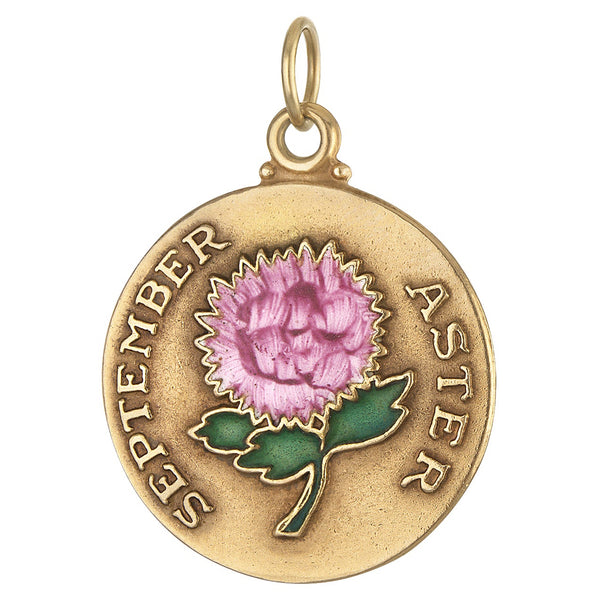 Vintage Enamel September Aster 14k Gold Charm