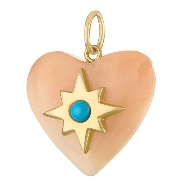 Vintage Coral Agate Heart with Turquoise 14K Gold Charm