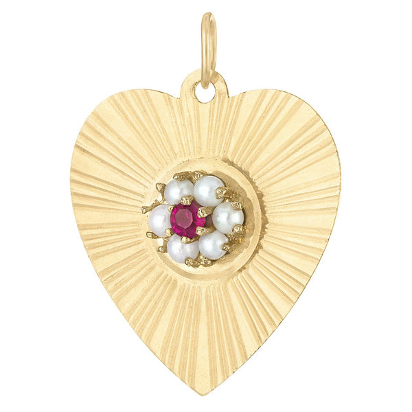 Vintage Ruby & Pearl Engine Turned Heart 14k Gold Charm