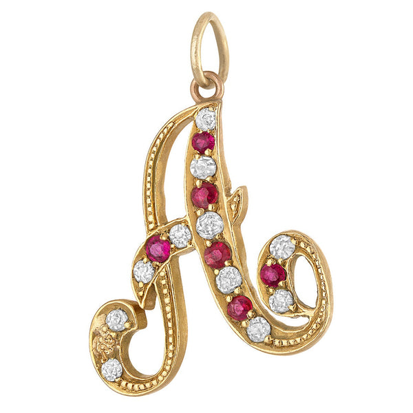 Vintage Ruby & Diamond “A” Initial 14k Gold Charm