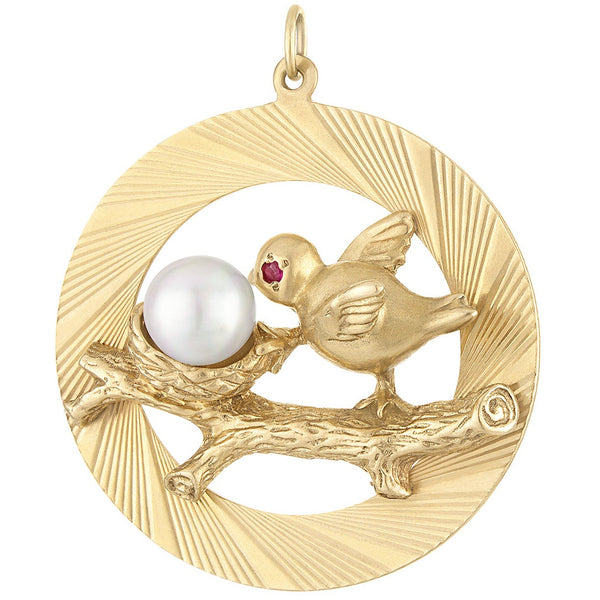 Vintage Bird Nest with Gemstones 14K Gold Charm