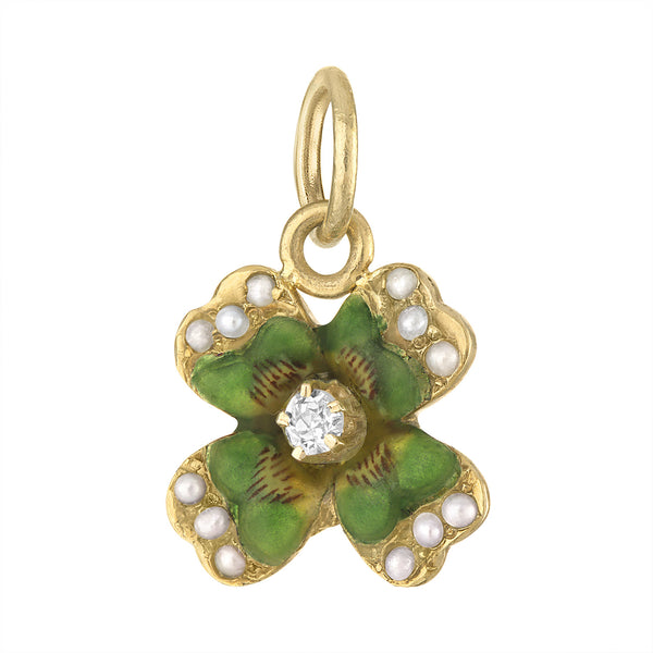 Vintage Diamond Enamel Green Clover Mini 14k Gold Charm