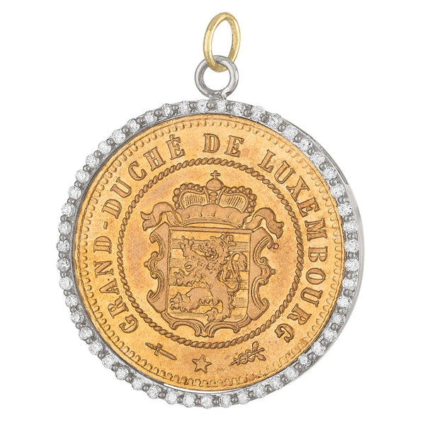 Vintage Luxembourg Centimes Diamond Surround 14K Gold Charm