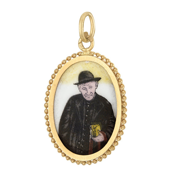 Vintage Enamel Padre Cruz Portrait 14k Gold Charm