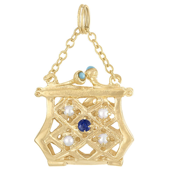 Vintage Gem Set Movable Handbag 14K Gold Charm