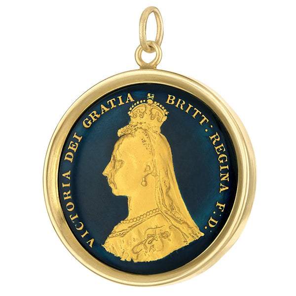 Vintage Queen Victoria Commemorative Enamel Coin 14K Gold Charm