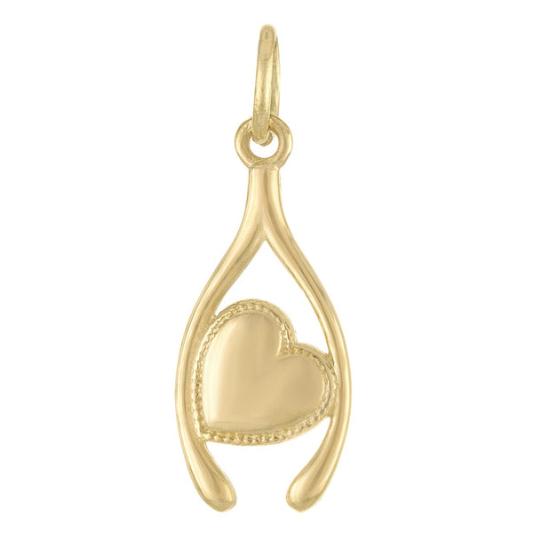 Heart Set Wishbone 14K Gold Charm