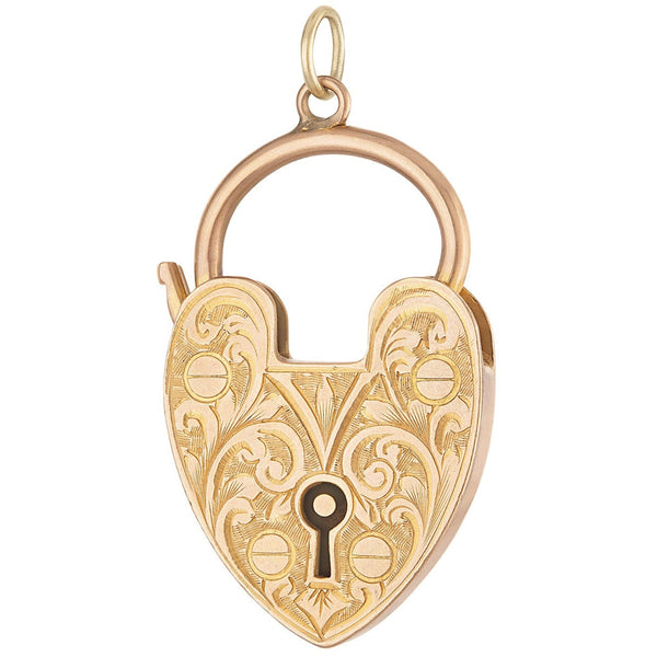 Vintage Hand Engraved Heart Lock Clasp 9k Gold Charm