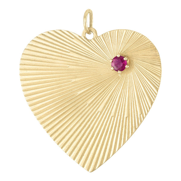 Vintage Ruby Engine Turned Heart 14K Gold Charm