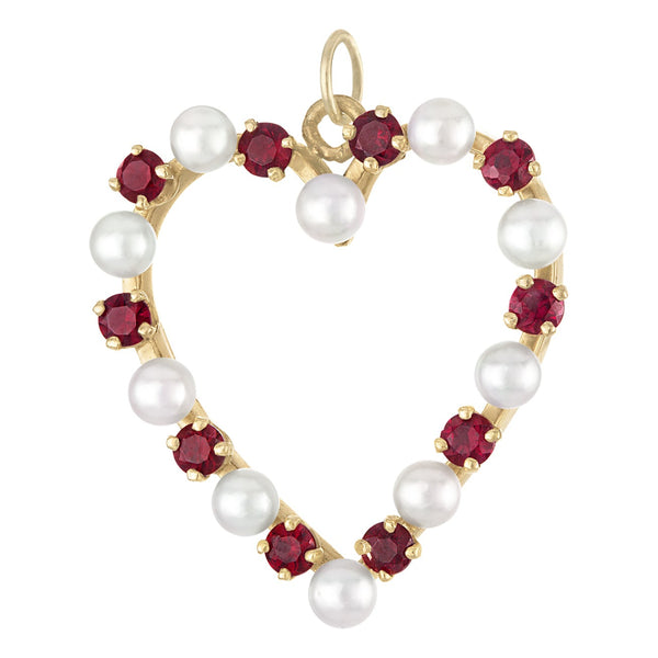 Vintage Larger Ruby & Pearl Heart 14k Gold Charm