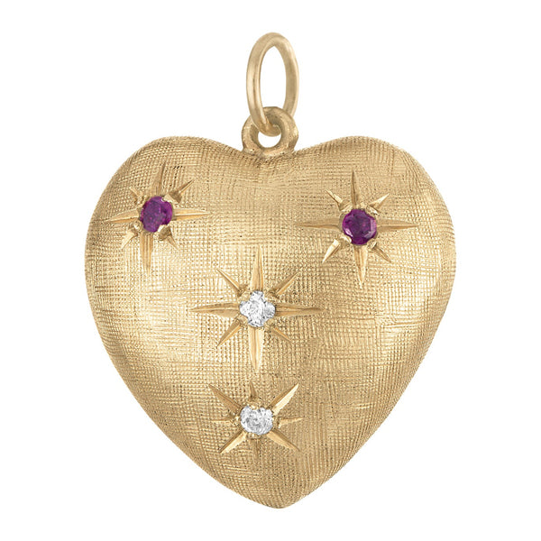 Vintage Engravable Ruby & Diamond Heart 14k Gold Charm