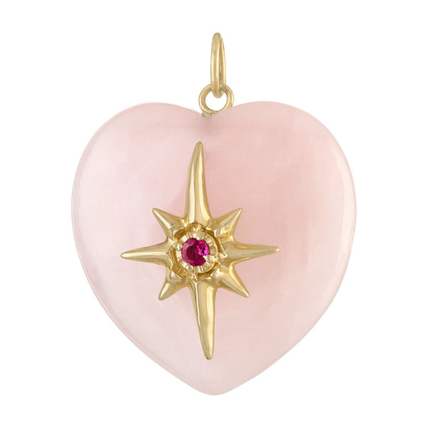 Vintage Larger Rose Quartz Heart with Ruby 14K Gold Charm