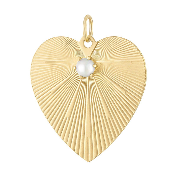 Vintage Engine Turned Heart with Pearl 14K Gold Charm