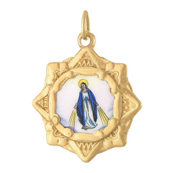 Vintage Enamel Mary & Jesus Porcelain 14K Gold Charm