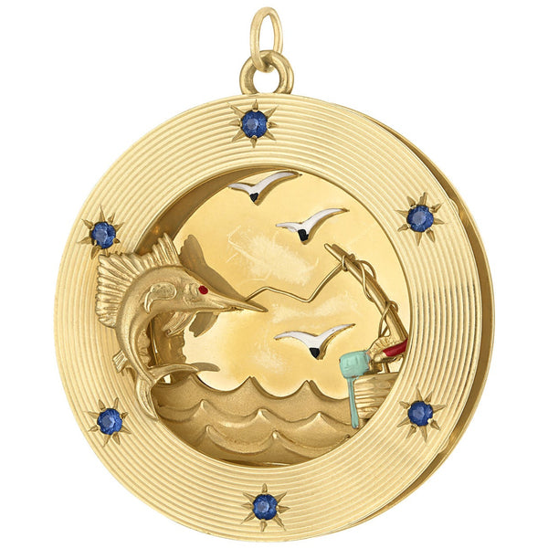 Vintage Gem-Set Dankner Fisherman Disc 14k Gold Charm