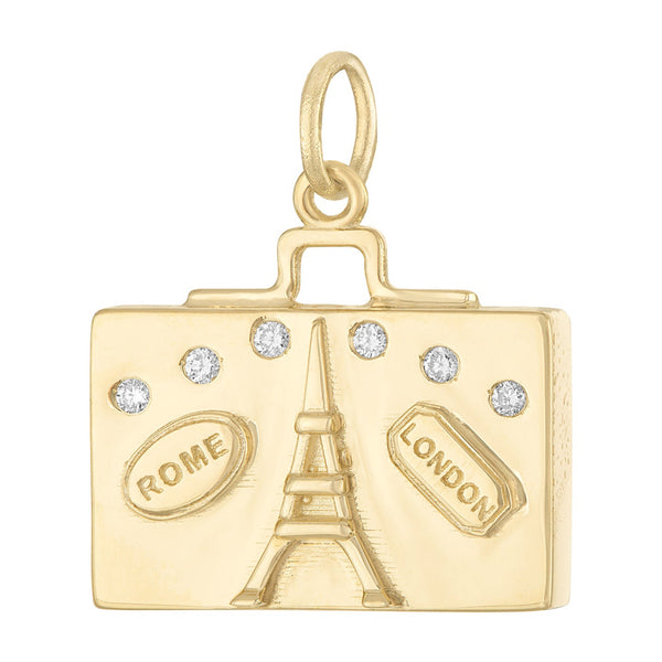 Larger Diamond Set World Traveler Suitcase 14K Gold Charm