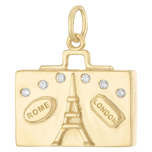 Larger Diamond Set World Traveler Suitcase 14K Gold Charm