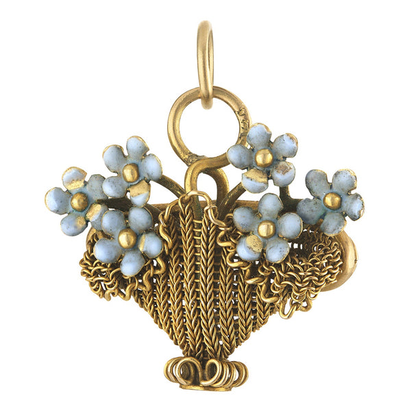 Vintage Enamel Flower Basket 14k Gold Charm