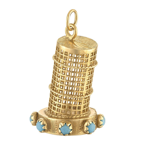 Vintage Italian Turquoise Leaning Tower Of Pisa 18K Gold Charm