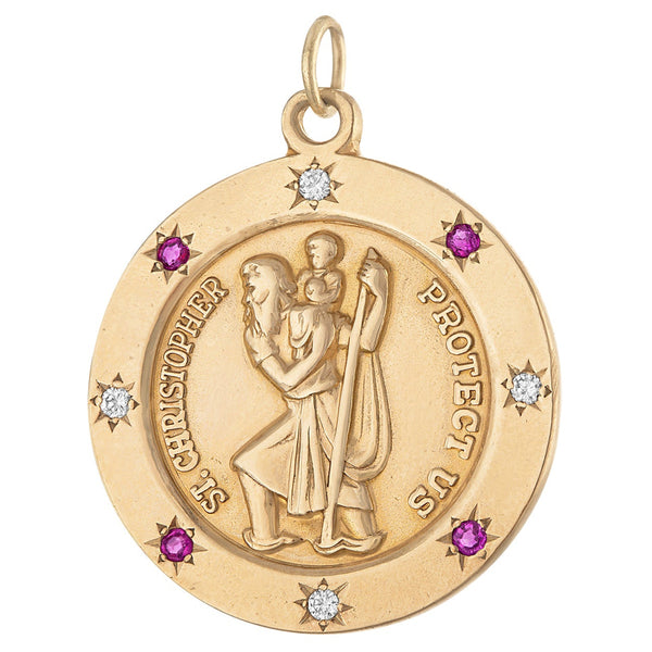 Vintage Gem-Set Saint Christopher Engravable 18k Gold Charm