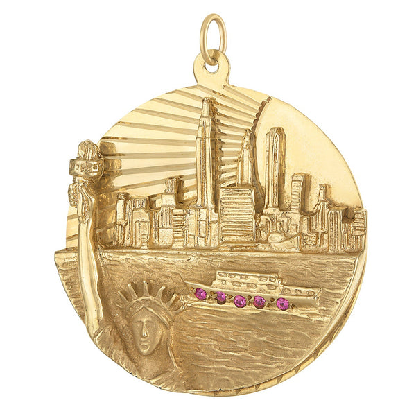 Vintage Engravable New York City Skyline Disc 14K Gold Charm