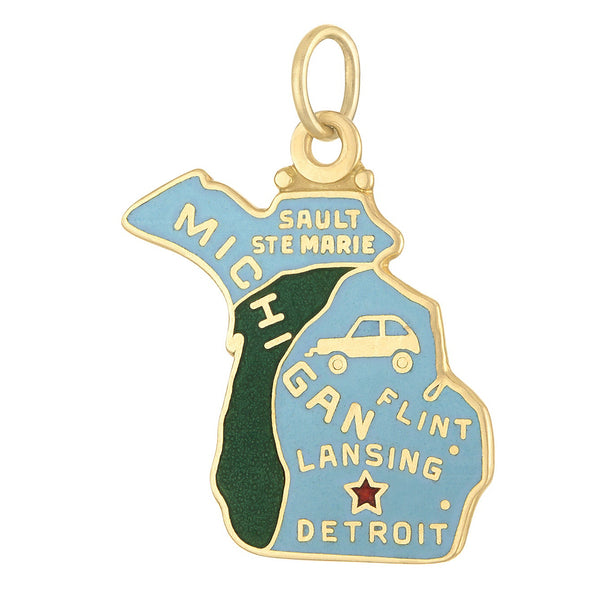 Vintage Enamel Map of Michigan 14k Gold Charm