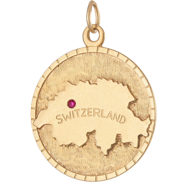 Vintage Engravable Ruby Set Switzerland Map 14k Gold Charm