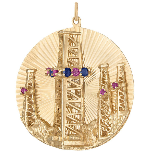 Vintage Engravable Large Gemset Oil Rig Disc 14k Gold Charm