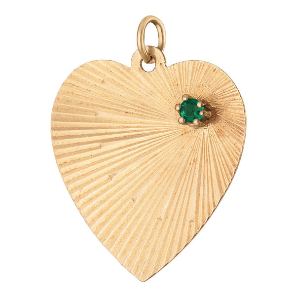 Vintage Emerald Set Engine Turned Heart 14k Gold Charm