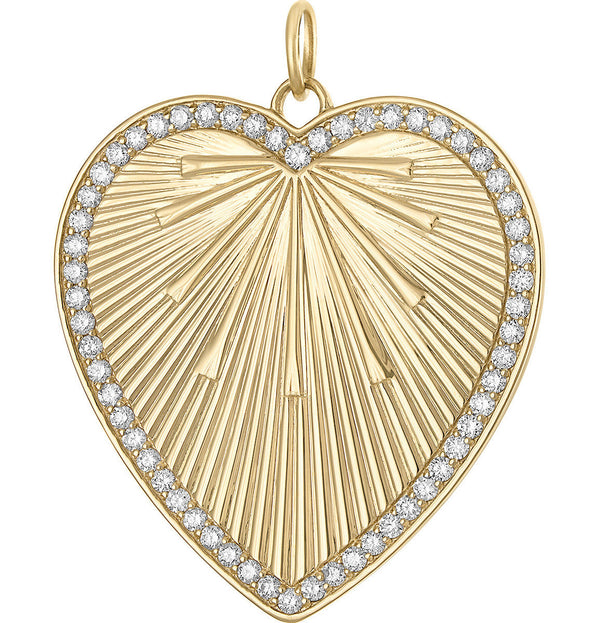 Extra Large Diamond Halo Engine Turned Heart 14K Gold Charm