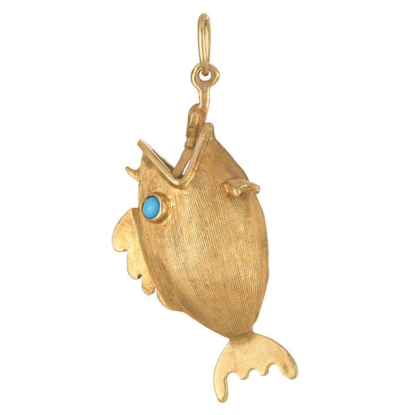 Vintage Turquoise Puffer Fish 14k Gold Charm