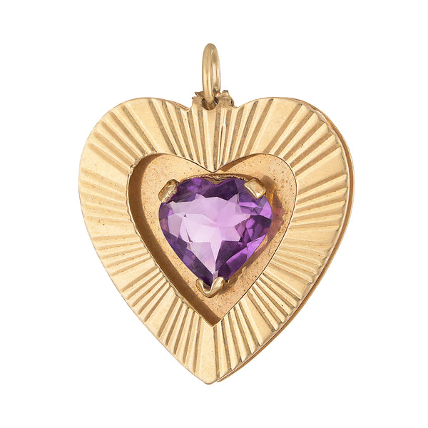 Vintage Framed Amethyst Set Heart 14k Gold Charm