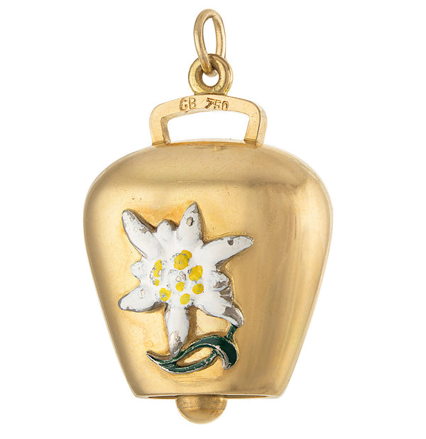 Vintage Enamel Alpine Cowbell 18K Gold Charm