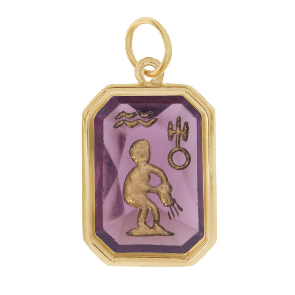 Vintage Zodiac Aquarius Colored Glass Intaglio 14k Gold Charm