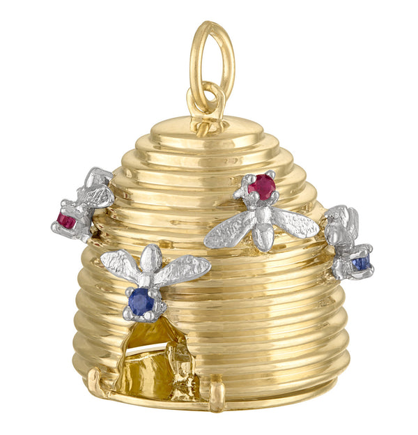 Large Gem Set Beehive 14K Gold Charm