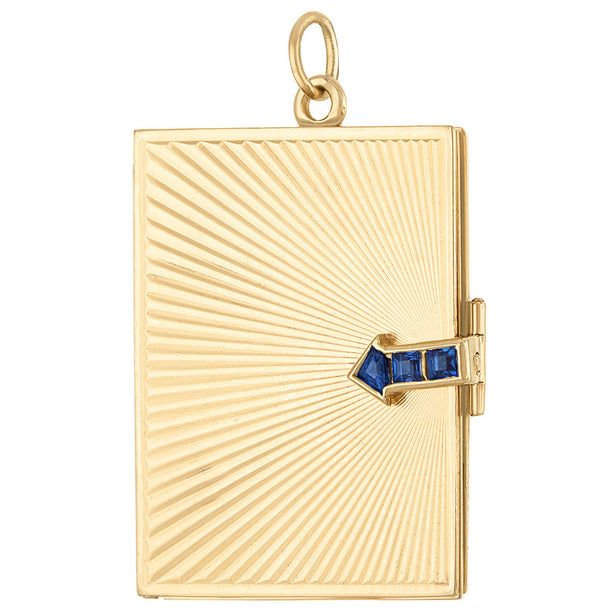 Vintage Larger Sapphire Engine Turned Book Locket 14K Gold Charm