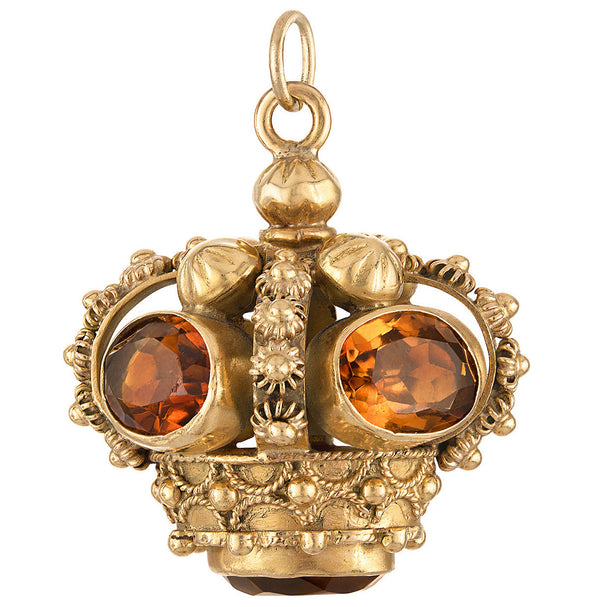Vintage Etruscan Citrine Crown 18K Gold Charm