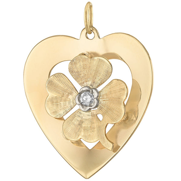 Vintage Heart with Diamond Set Clover 14k Gold Charm