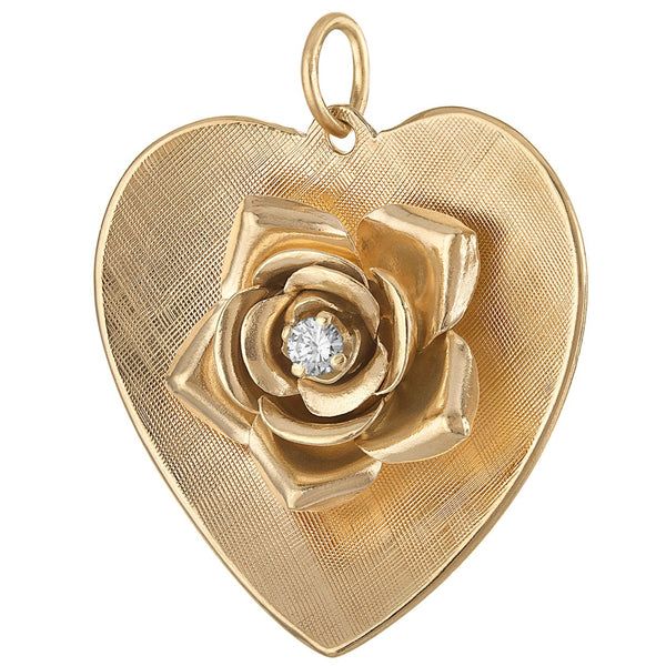 Vintage Heart with Diamond Set Rose 14k Gold Charm