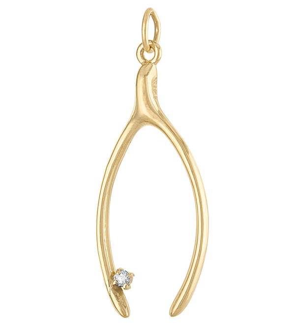 Larger Wishbone with Diamond 14K Gold Charm