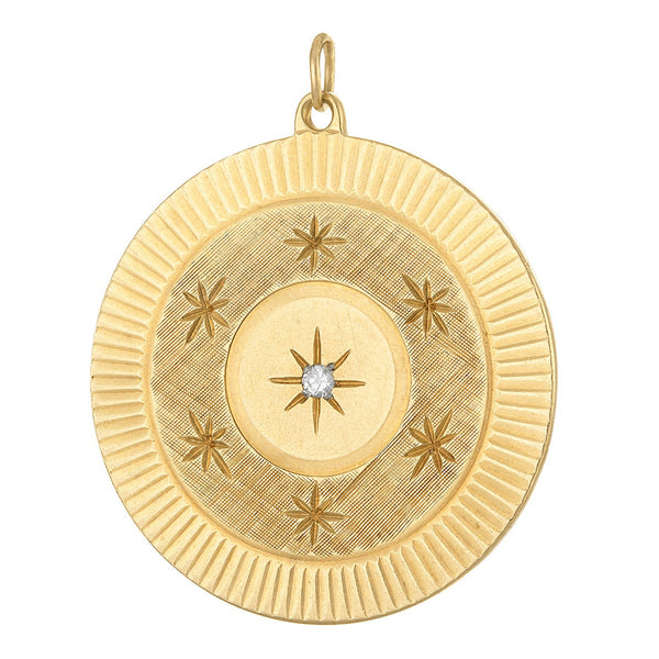Vintage Engravable Starburst Disc 14k Gold Charm