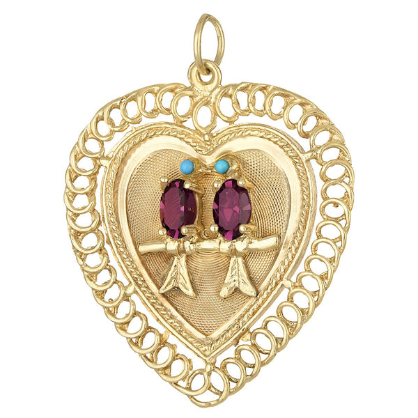 Vintage Engravable Gemset Lovebirds 14k Gold Charm