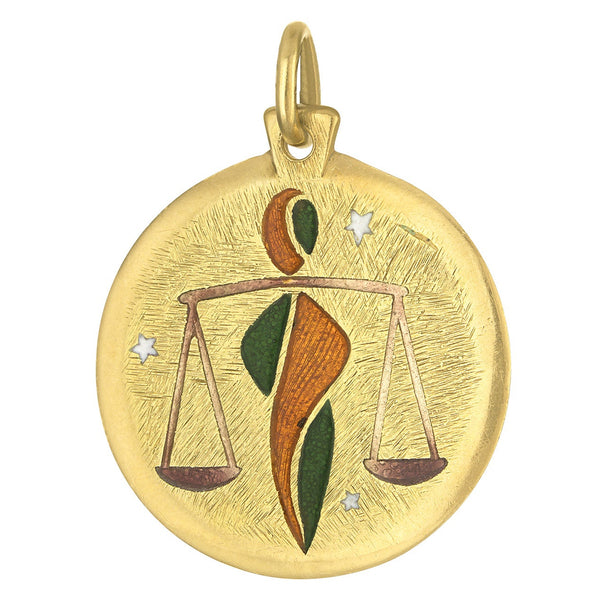 Vintage Engravable Enamel Libra Zodiac 18k Gold Charm